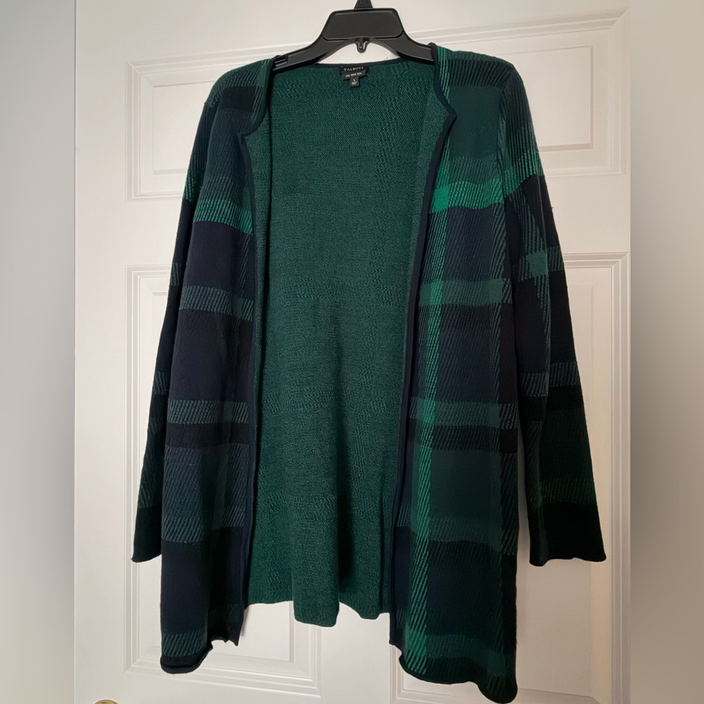 Talbots Green and Blue Merino Wool Plaid Open Front Cardigan